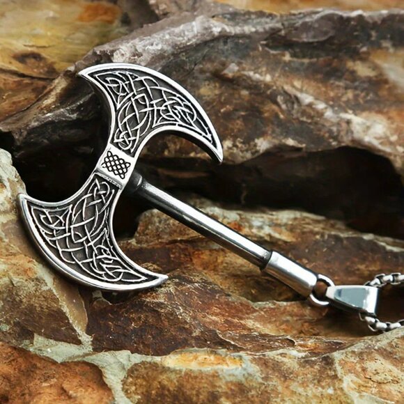 Double Sided Viking Norse Axe Necklace Stainless Steel - Picture 3 of 11